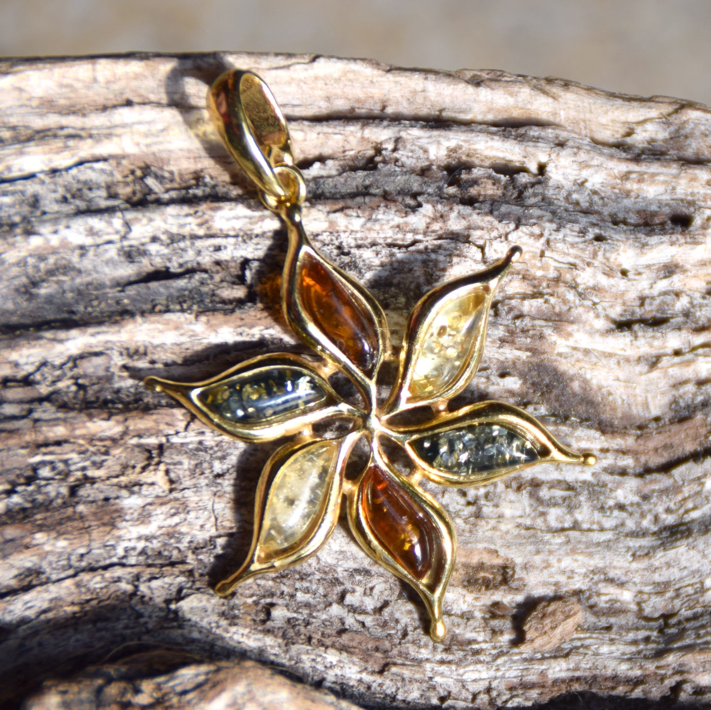 18k Gold Plated Sterling Silver Flower Pendant with Natural Multi-tone Amber, MJ Baltica BZW171
