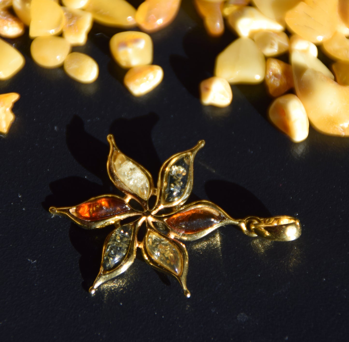 18k Gold Plated Sterling Silver Flower Pendant with Natural Multi-tone Amber, MJ Baltica BZW171