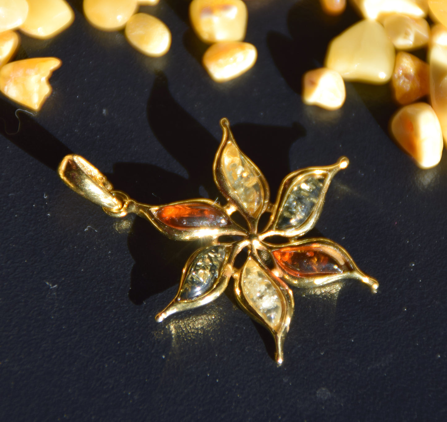 18k Gold Plated Sterling Silver Flower Pendant with Natural Multi-tone Amber, MJ Baltica BZW171