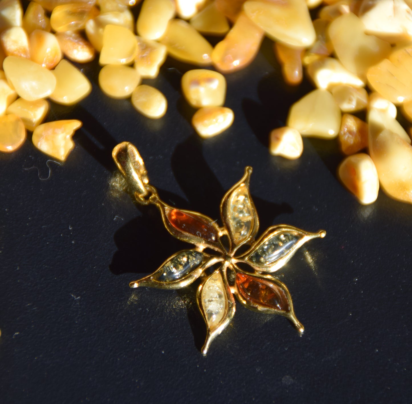 18k Gold Plated Sterling Silver Flower Pendant with Natural Multi-tone Amber, MJ Baltica BZW171