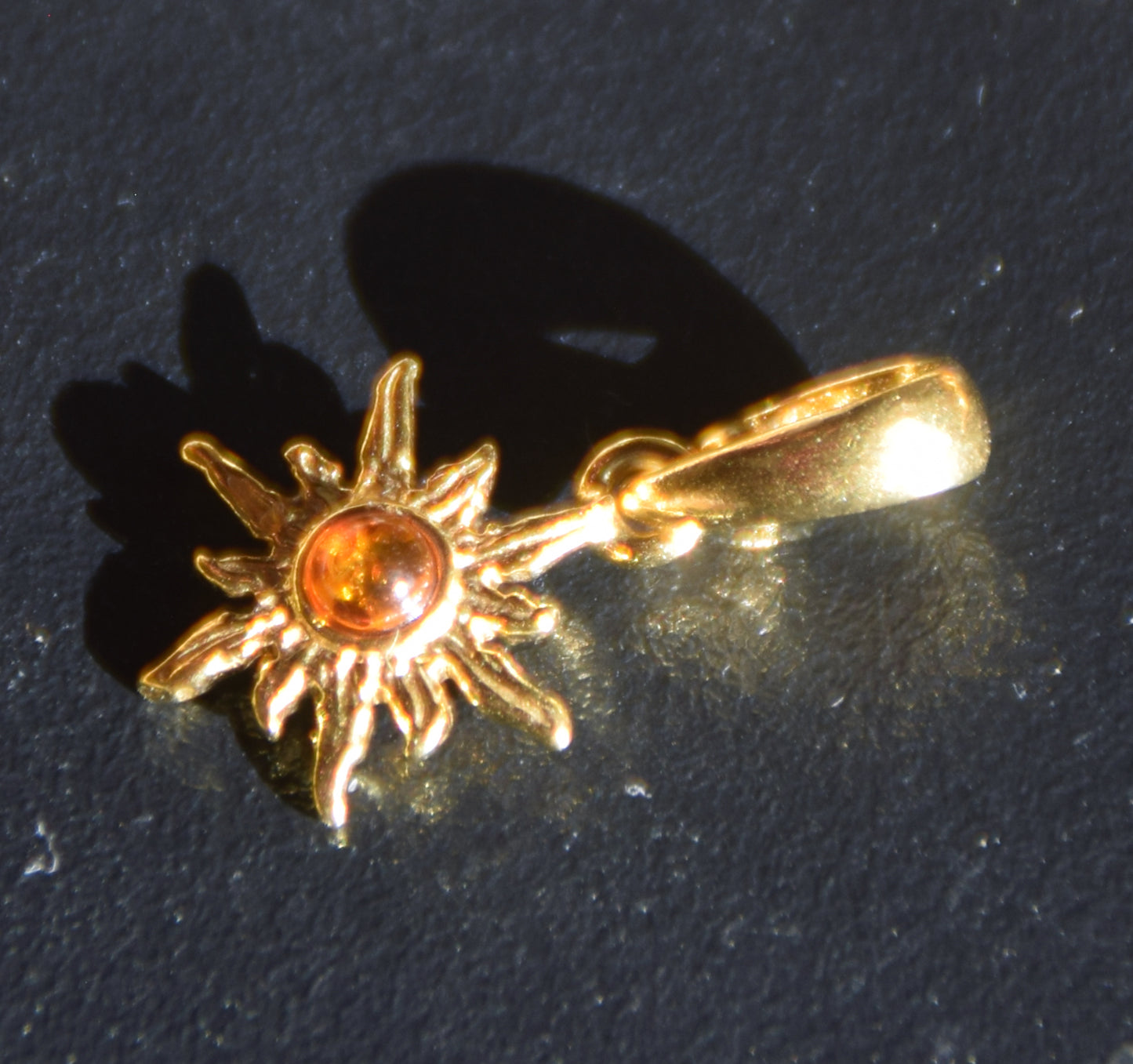 Delicate sun pendant with natural cognac brown Amber in 18k Gold plated Silver, MJ Baltica, BZW174