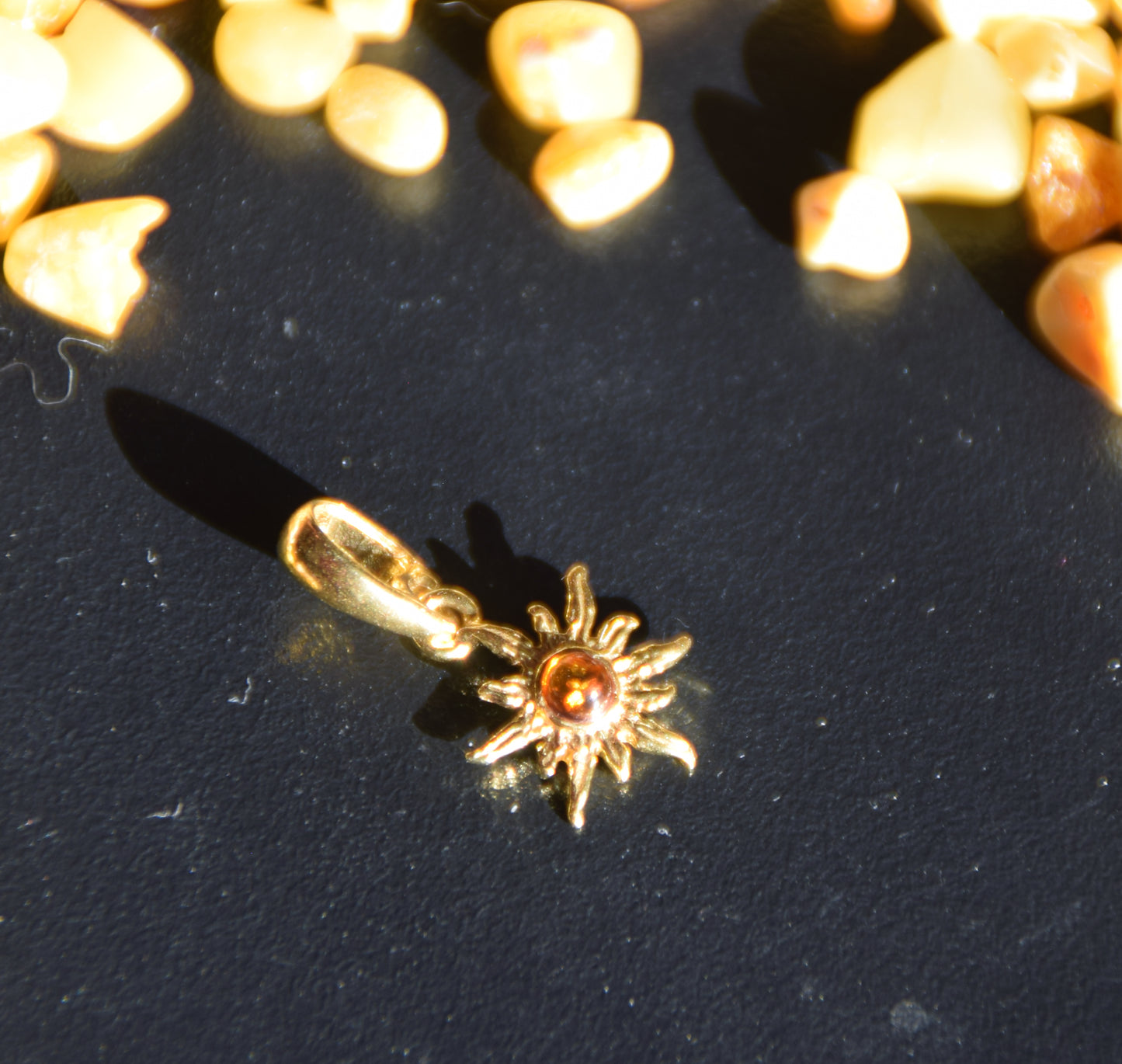 Delicate sun pendant with natural cognac brown Amber in 18k Gold plated Silver, MJ Baltica, BZW174