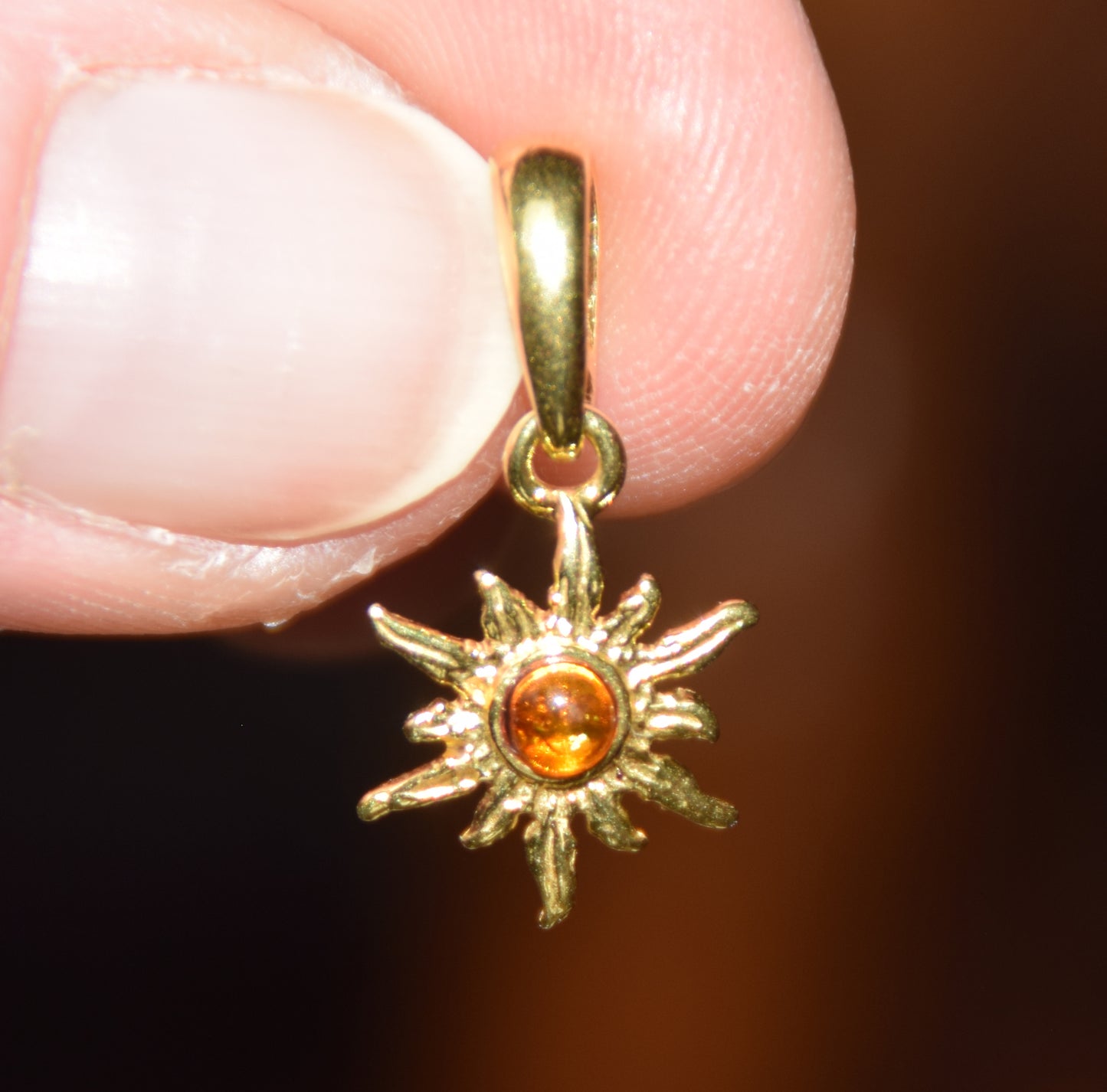 Delicate sun pendant with natural cognac brown Amber in 18k Gold plated Silver, MJ Baltica, BZW174