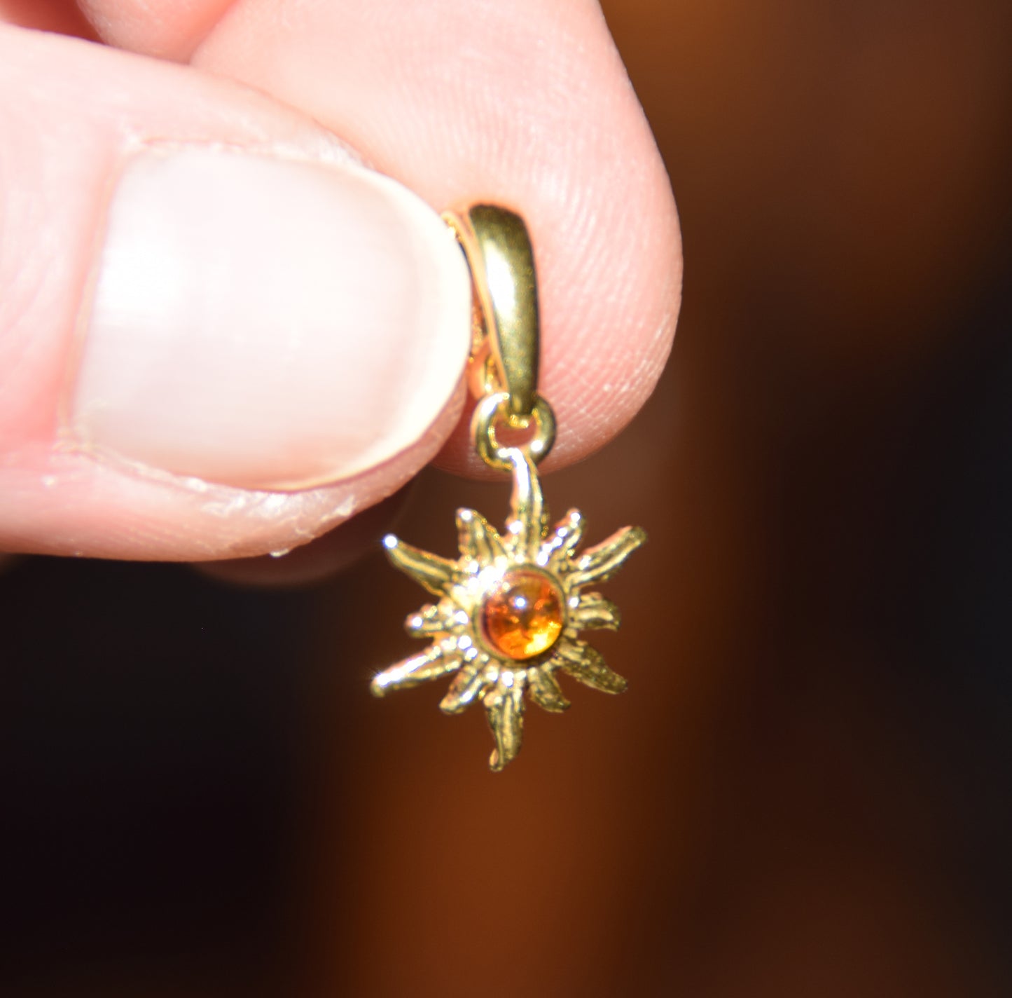 Delicate sun pendant with natural cognac brown Amber in 18k Gold plated Silver, MJ Baltica, BZW174