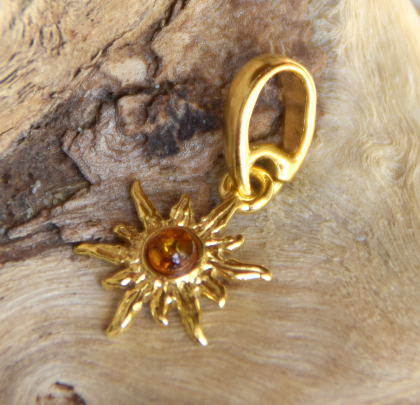 Delicate sun pendant with natural cognac brown Amber in 18k Gold plated Silver, MJ Baltica, BZW174