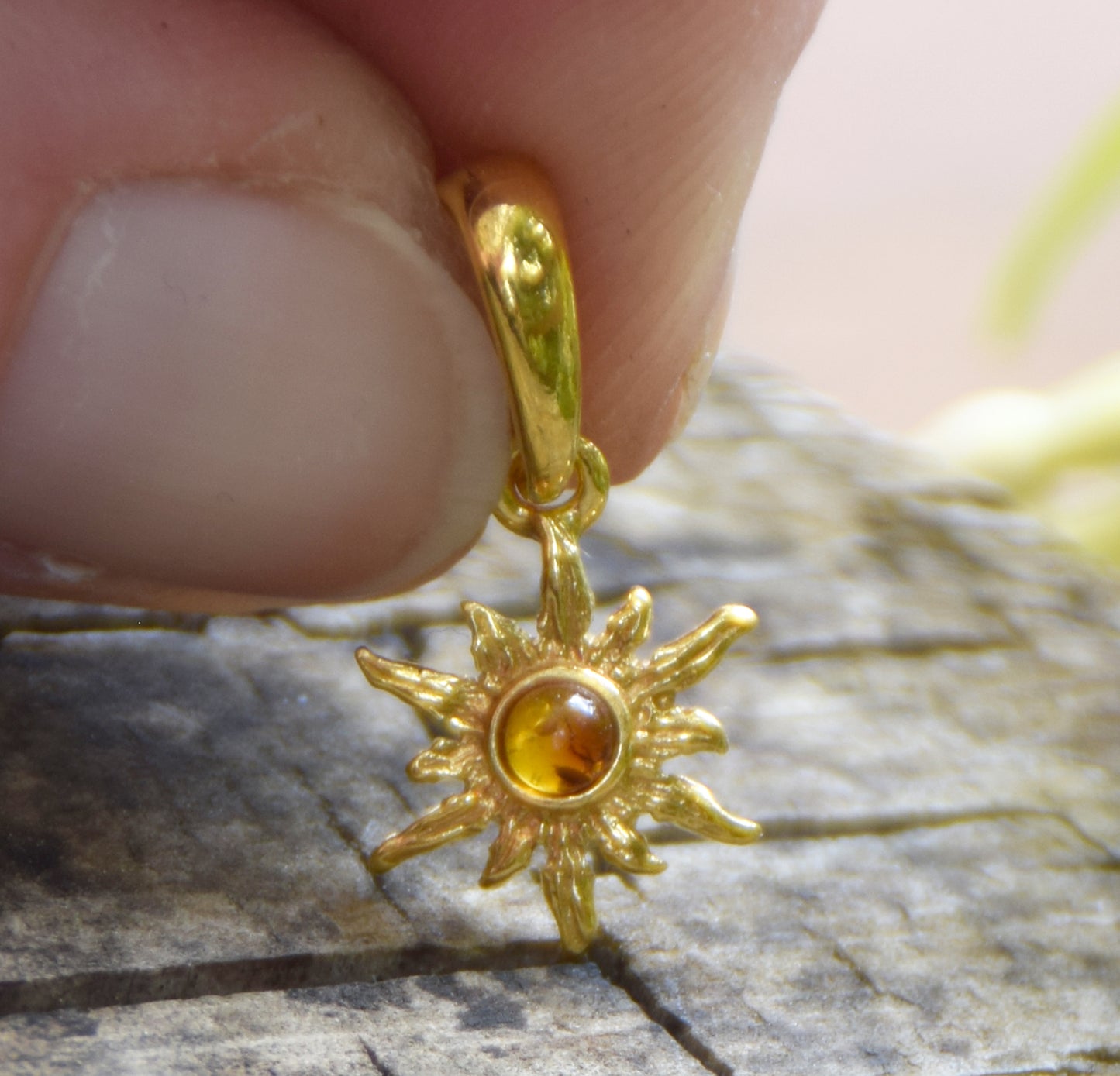 Delicate sun pendant with natural cognac brown Amber in 18k Gold plated Silver, MJ Baltica, BZW174
