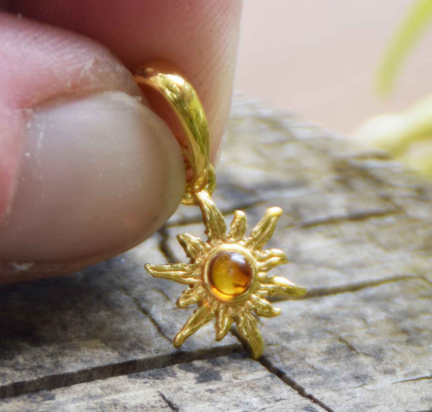 Delicate sun pendant with natural cognac brown Amber in 18k Gold plated Silver, MJ Baltica, BZW174
