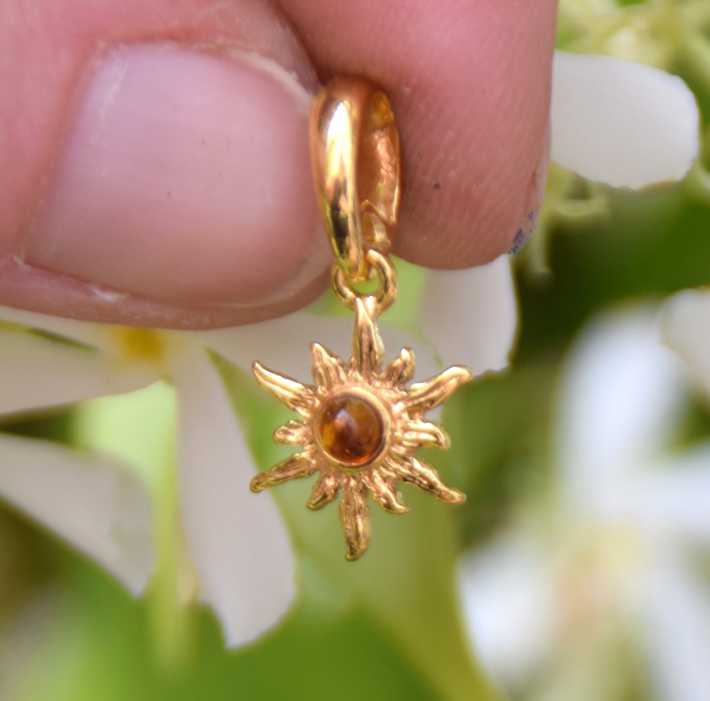 Delicate sun pendant with natural cognac brown Amber in 18k Gold plated Silver, MJ Baltica, BZW174