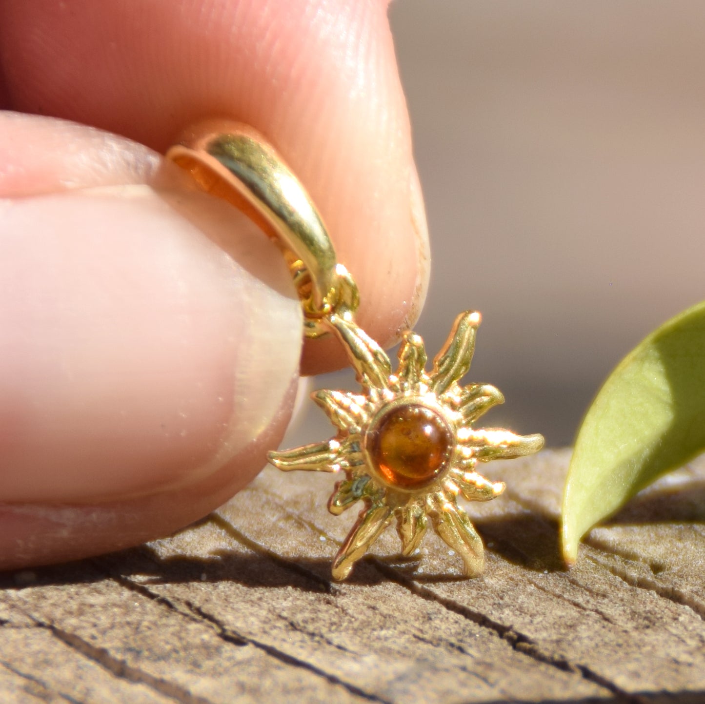 Delicate sun pendant with natural cognac brown Amber in 18k Gold plated Silver, MJ Baltica, BZW174