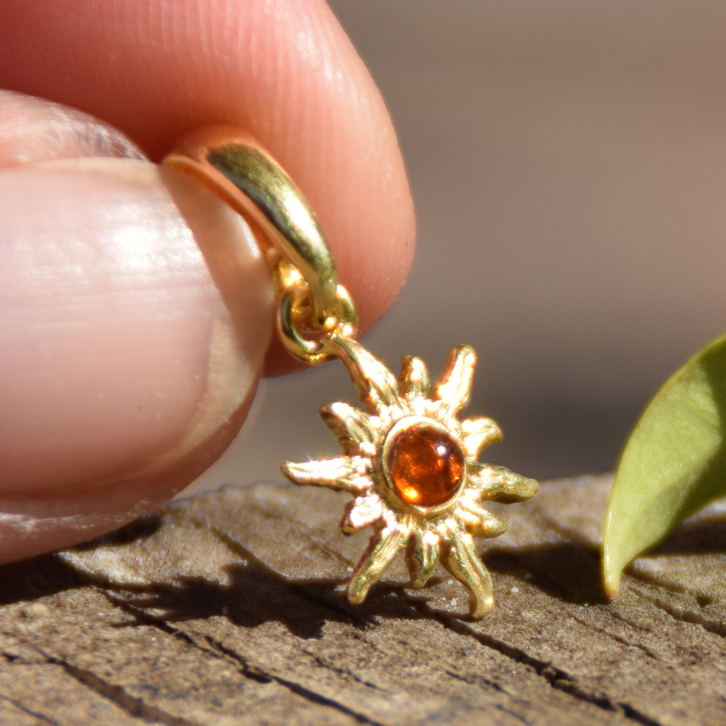 Delicate sun pendant with natural cognac brown Amber in 18k Gold plated Silver, MJ Baltica, BZW174