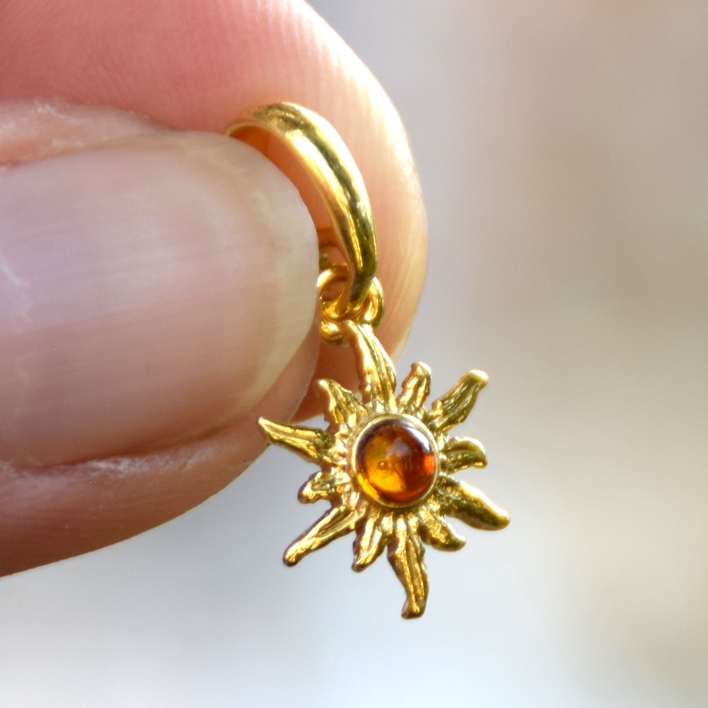 Delicate sun pendant with natural cognac brown Amber in 18k Gold plated Silver, MJ Baltica, BZW174
