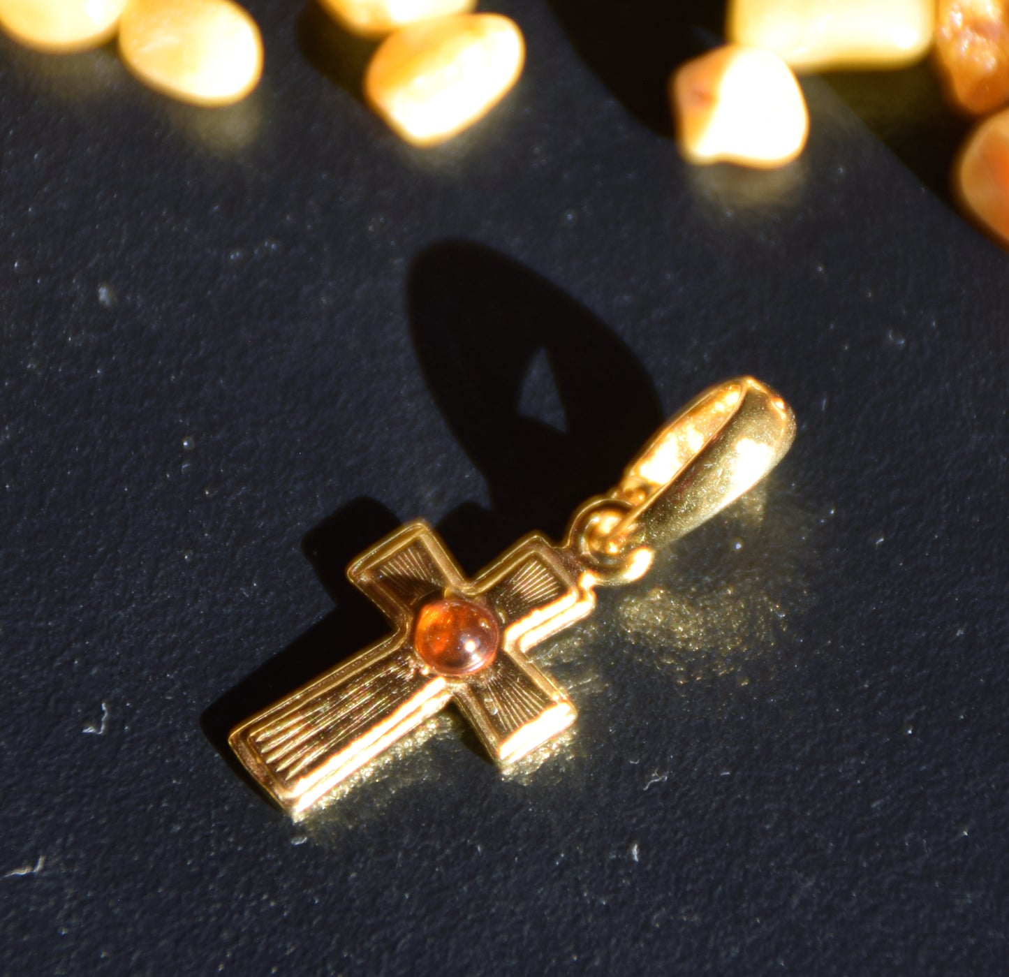 Classic style cross pendant in 925 Sterling Silver 18k Gold plated with natural Amber, MJ Baltica, BZW175