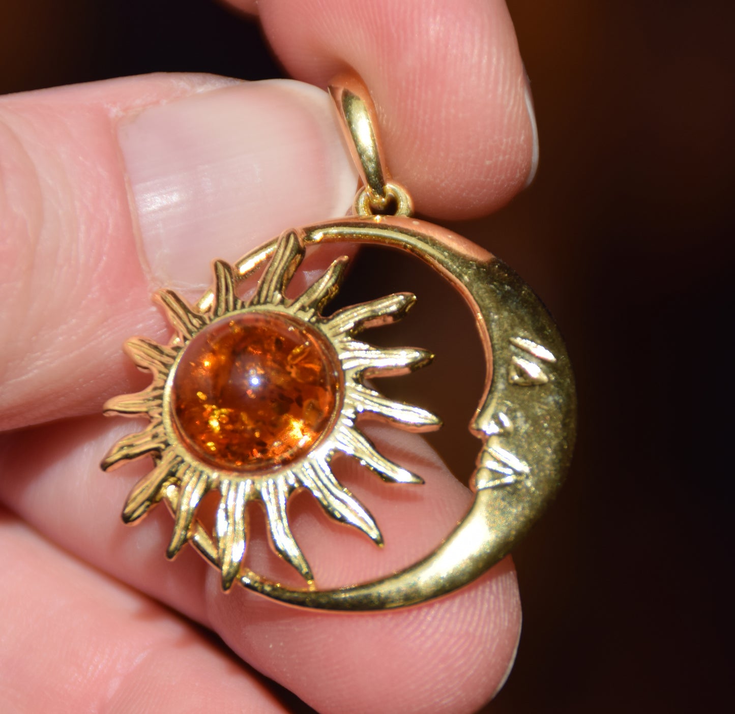 Sun and moon pendant with natural cognac-colored amber and 18k gold-plated silver, MJ Baltica, BZW183