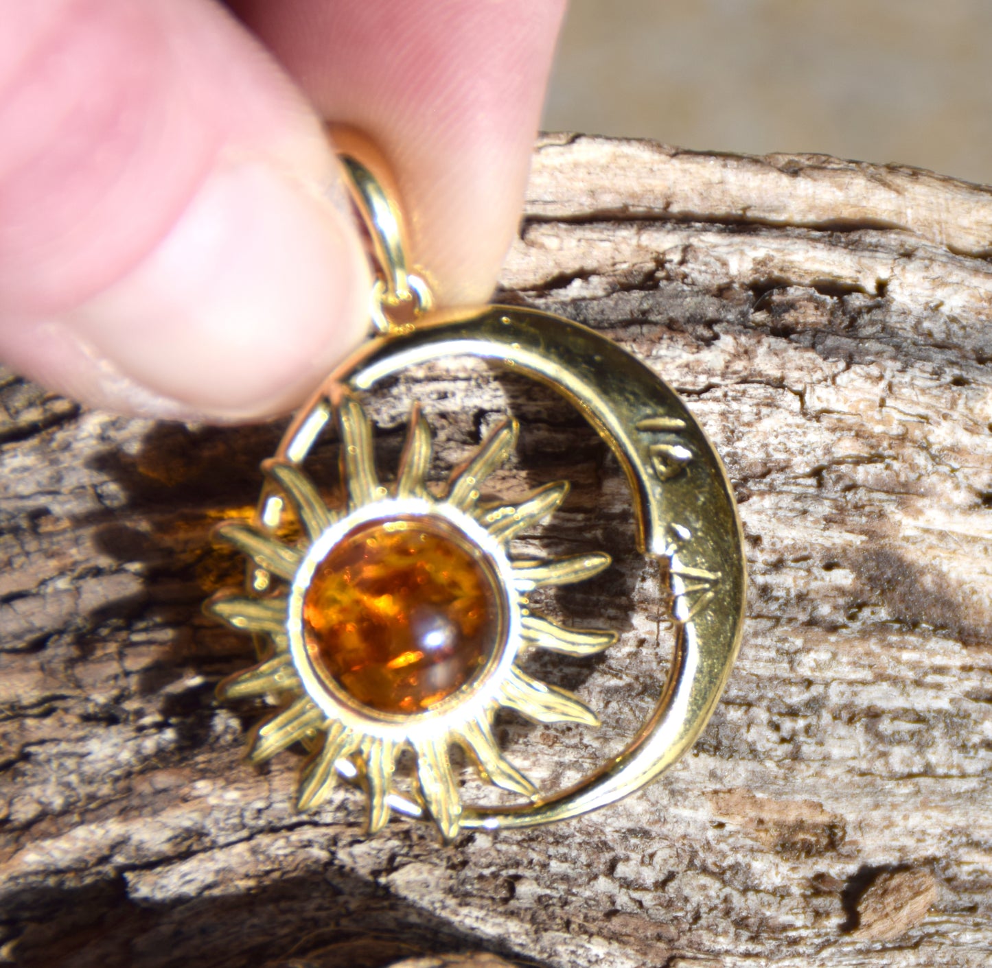 Sun and moon pendant with natural cognac-colored amber and 18k gold-plated silver, MJ Baltica, BZW183