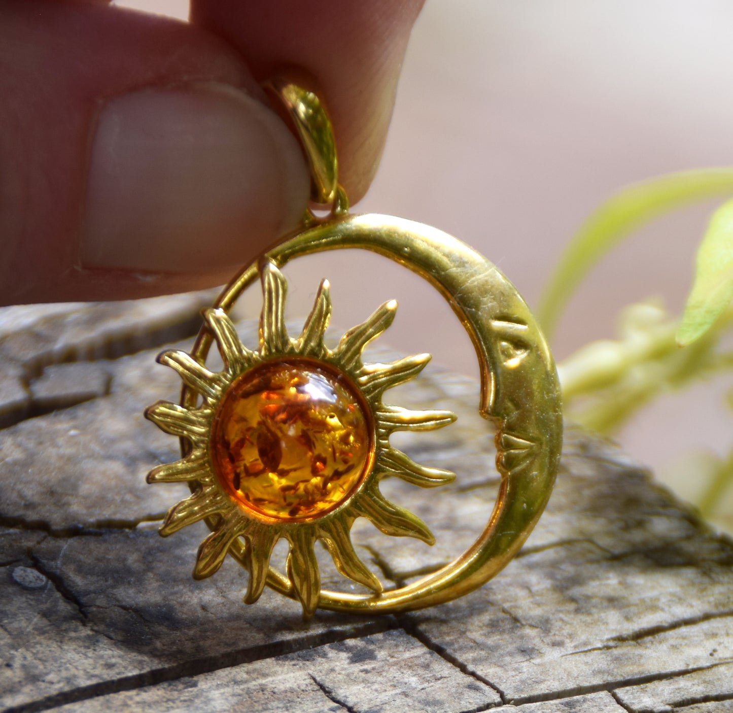 Sun and moon pendant with natural cognac-colored amber and 18k gold-plated silver, MJ Baltica, BZW183