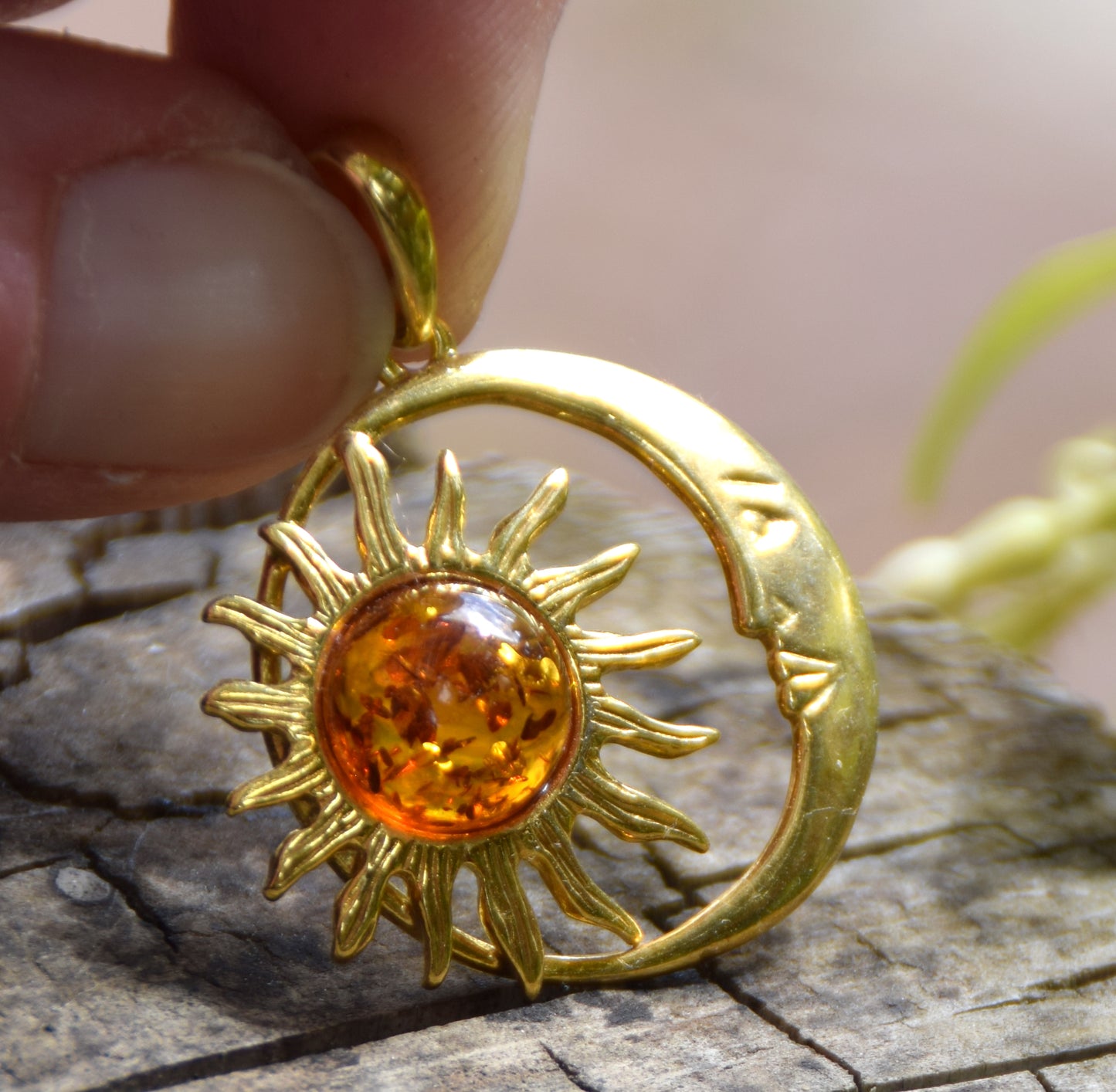 Sun and moon pendant with natural cognac-colored amber and 18k gold-plated silver, MJ Baltica, BZW183