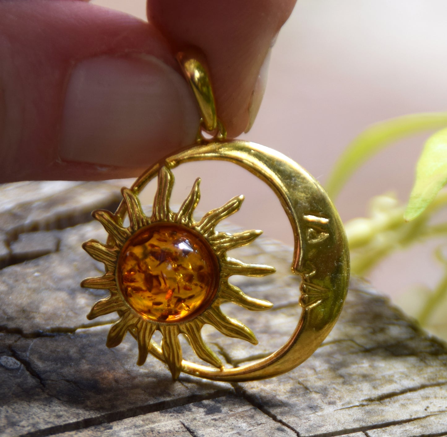 Sun and moon pendant with natural cognac-colored amber and 18k gold-plated silver, MJ Baltica, BZW183