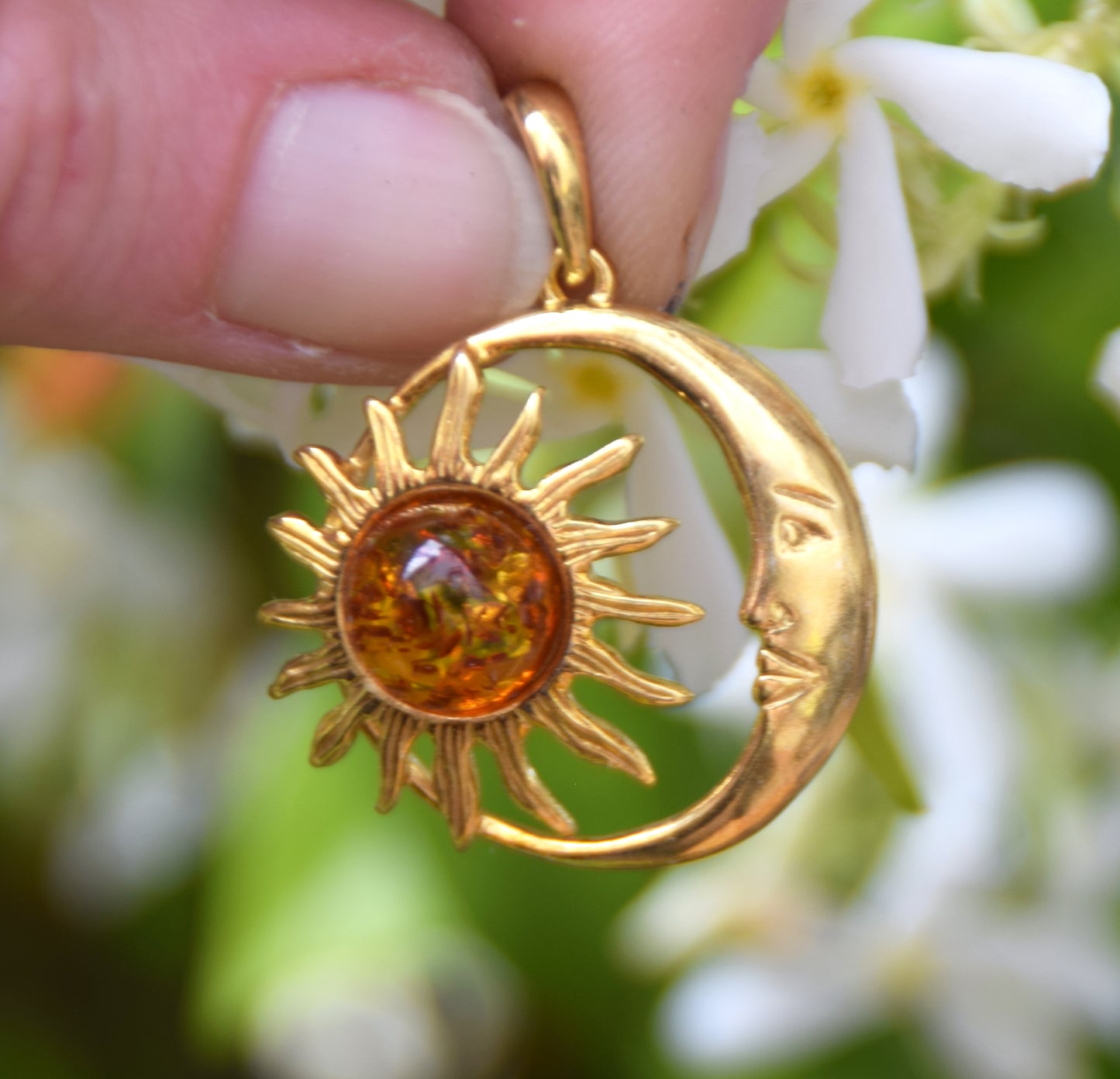 Sun and moon pendant with natural cognac-colored amber and 18k gold-plated silver, MJ Baltica, BZW183
