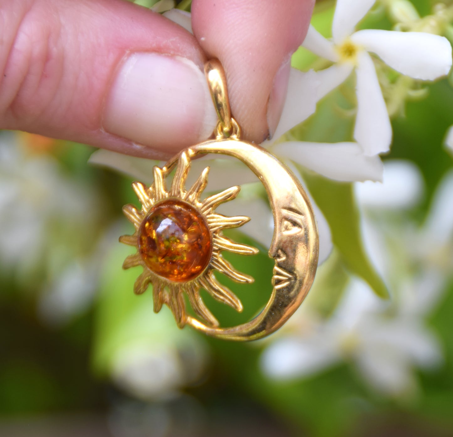 Sun and moon pendant with natural cognac-colored amber and 18k gold-plated silver, MJ Baltica, BZW183