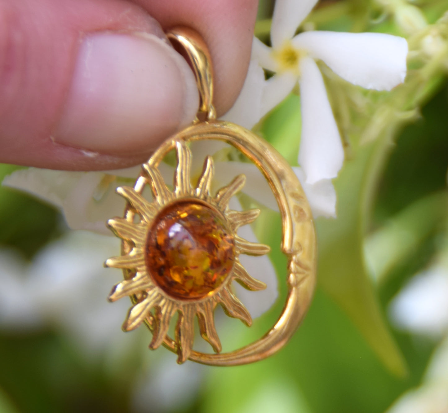 Sun and moon pendant with natural cognac-colored amber and 18k gold-plated silver, MJ Baltica, BZW183