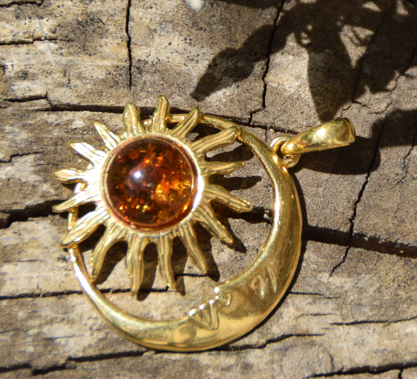 Sun and moon pendant with natural cognac-colored amber and 18k gold-plated silver, MJ Baltica, BZW183