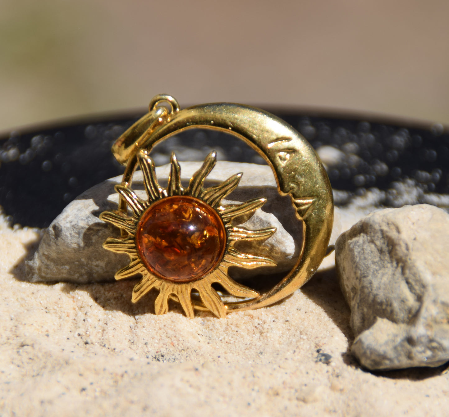 Sun and moon pendant with natural cognac-colored amber and 18k gold-plated silver, MJ Baltica, BZW183