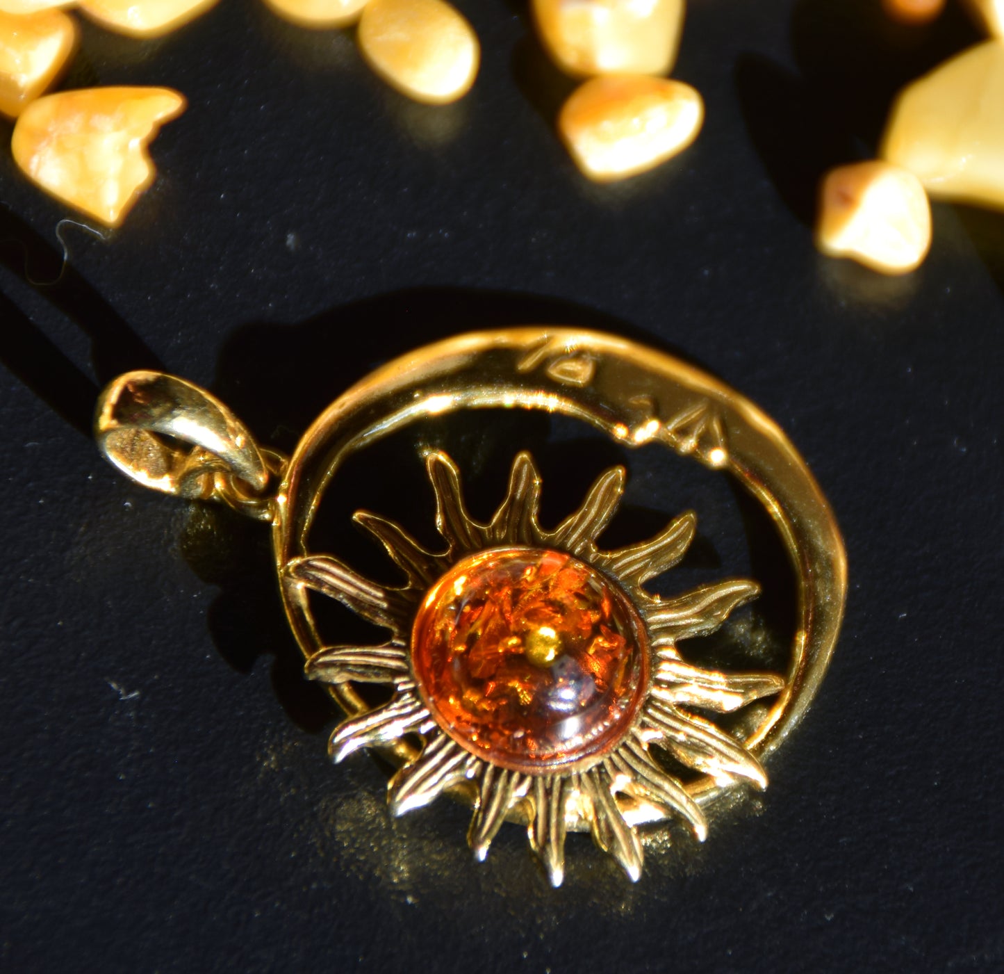 Sun and moon pendant with natural cognac-colored amber and 18k gold-plated silver, MJ Baltica, BZW183