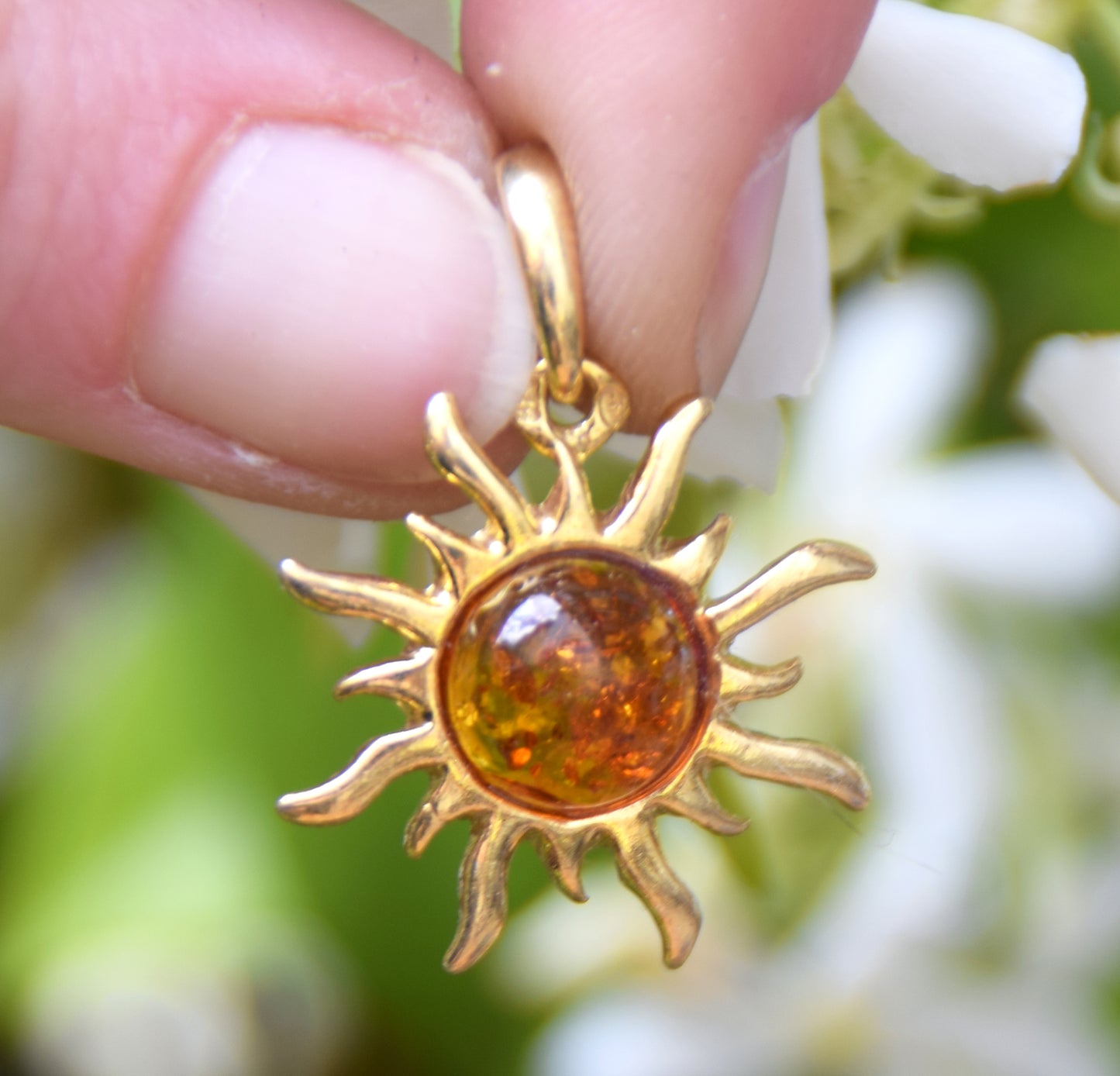 Ciondolo a sole con Ambra naturale color cognac e Argento placcato in Oro 18k, MJ Baltica, BZW042 (Copia)