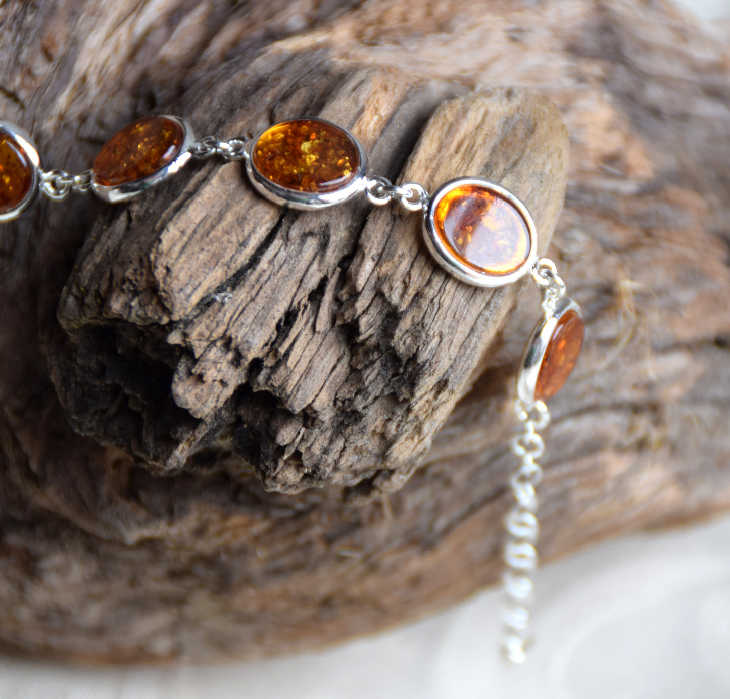 Bright, essential style bracelet in natural cognac Amber and 925 Silver, MJ Baltica, BB112