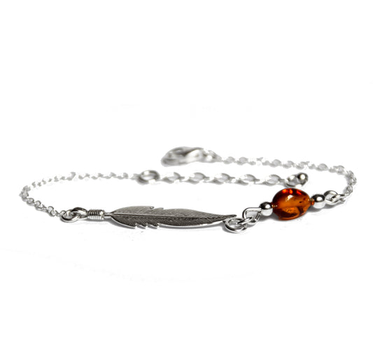 MJ Baltica, bracelet, natural Baltic amber, 925 silver, feather, delicate, elegant, BB005