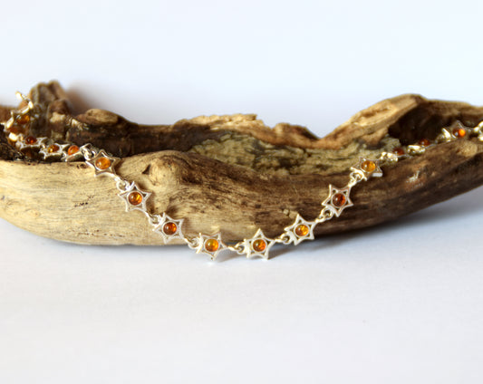 MJ Baltica, bracelet, natural Baltic amber, 925 silver, bright, elegant, handcrafted, cognac, stars, BB036