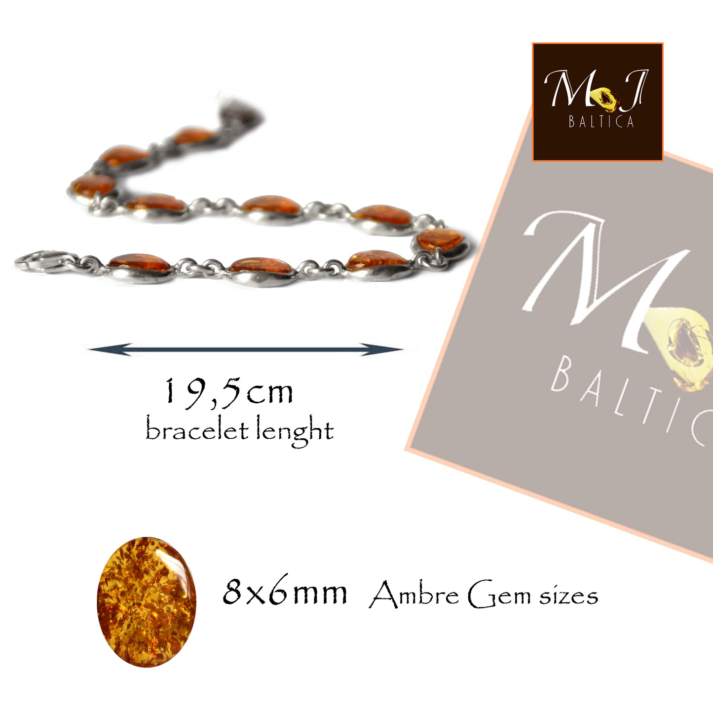 MJ Baltica, bracelet, natural Baltic amber, 925 silver, bright, elegant, handcrafted, cognac, BB042