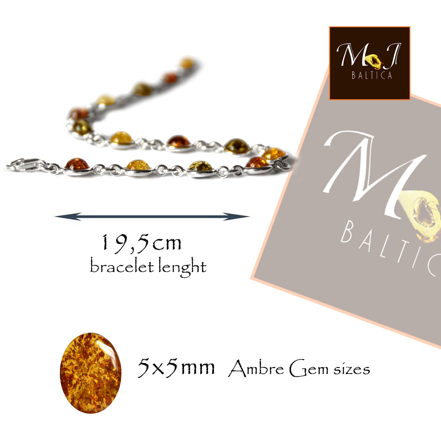 MJ Baltica, bracelet, natural Baltic amber, 925 silver, bright, elegant, handcrafted, multicolor, BB050