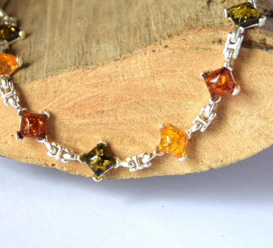 MJ Baltica, bracelet, natural Baltic amber, 925 silver, luminous, elegant, handcrafted, multicolored, BB053