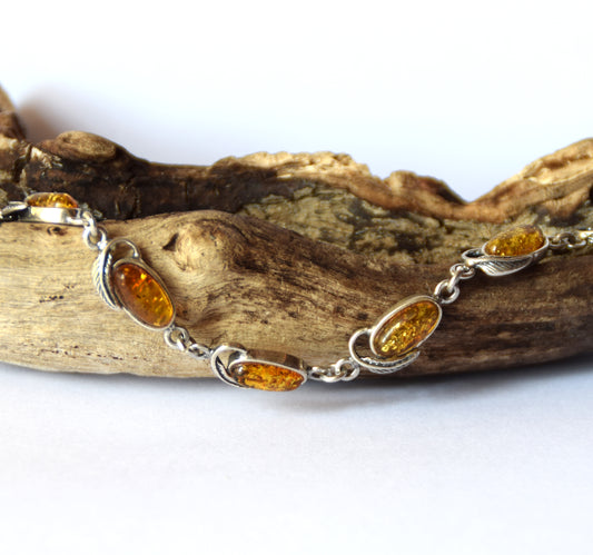 MJ Baltica, bracelet, natural Baltic amber, 925 silver, bright, elegant, handcrafted, cognac, vintage, BB054