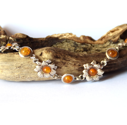 MJ Baltica, bracciale, Ambra naturale Baltica, Argento 925, luminoso, elegante, artigianale, cognac, fiori, BB056