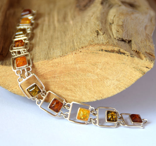 MJ Baltica, bracelet, natural Baltic amber, 925 silver, bright, elegant, handcrafted, multicolor, BB059