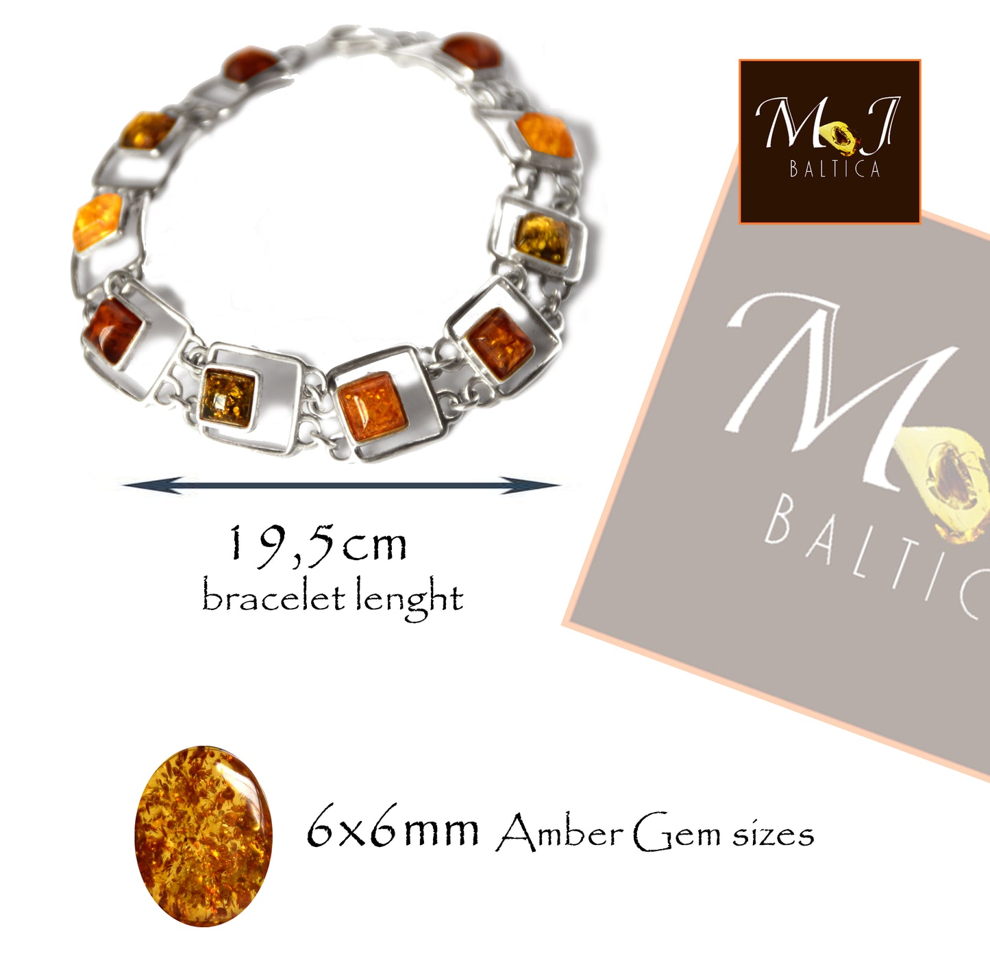 MJ Baltica, bracciale, Ambra naturale Baltica, Argento 925, luminoso, elegante, artigianale, multicolor, BB059