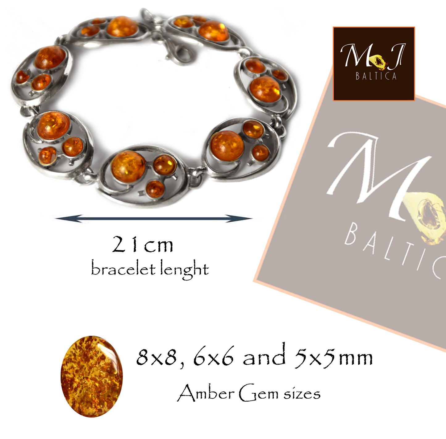 MJ Baltica, bracelet, natural Baltic amber, 925 silver, bright, elegant, handcrafted, cognac, flowers, BB061