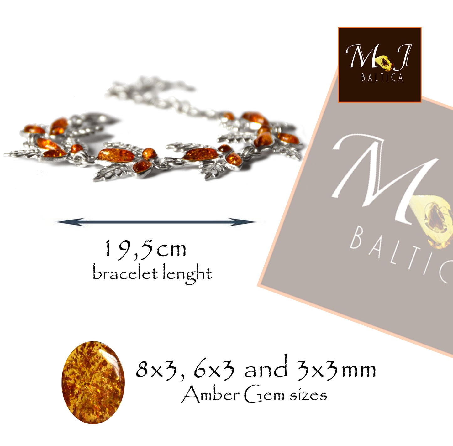 MJ Baltica, bracelet, natural Baltic amber, 925 silver, bright, elegant, handcrafted, cognac, flowers, BB065