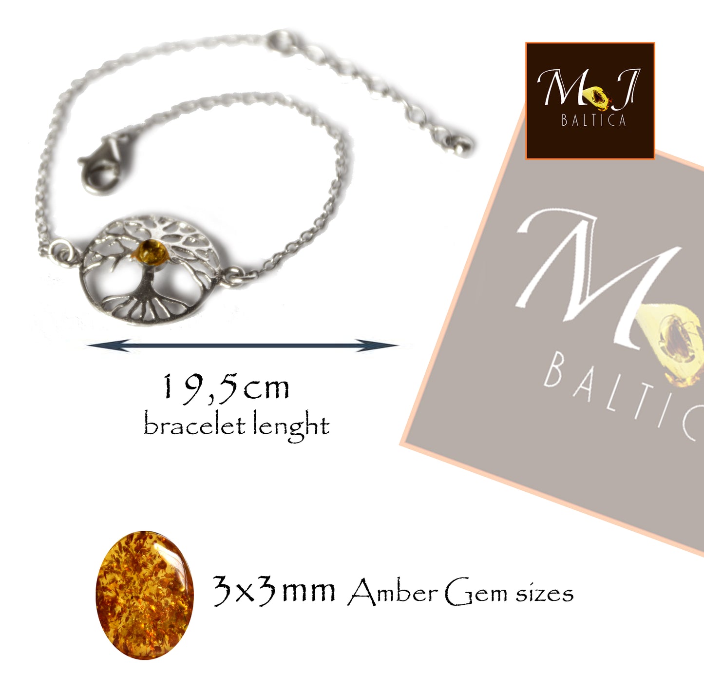 MJ Baltica, bracciale, Ambra naturale Baltica, Argento 925, luminoso, elegante, artigianale, ambra verde, albero della vita, BB066