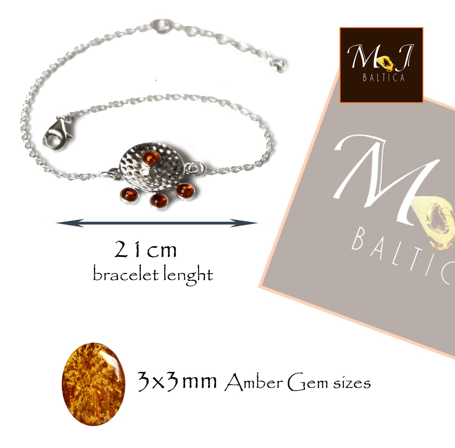 MJ Baltica, bracelet, natural Baltic amber, 925 silver, bright, elegant, handcrafted, cognac, BB067