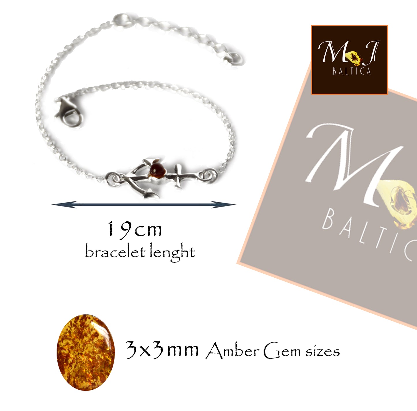 MJ Baltica, bracciale, Ambra naturale Baltica, Argento 925, luminoso, elegante, artigianale, cognac, ancora,BB070