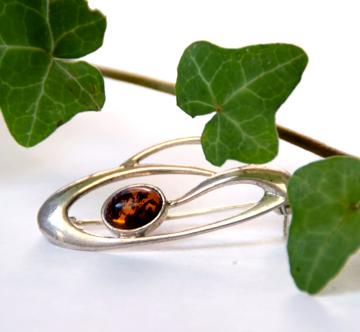 MJ Baltica, brooch, natural Baltic amber, 925 silver, abstract, luminous, handcrafted, BBR002