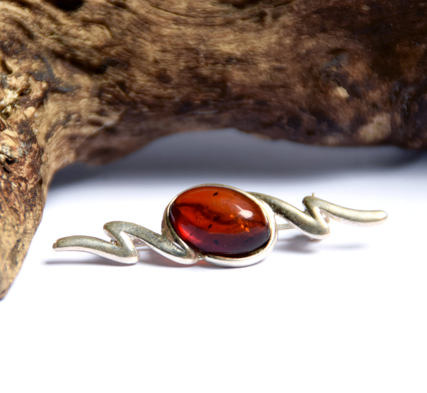 MJ Baltica, brooch, natural Baltic amber, 925 silver, abstract, long, handcrafted, BBR003