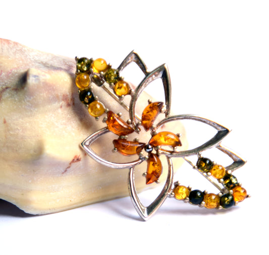 MJ Baltica, brooch, natural Baltic Amber, 925 Silver, multi color, rich, elegant, handcrafted, BBR005