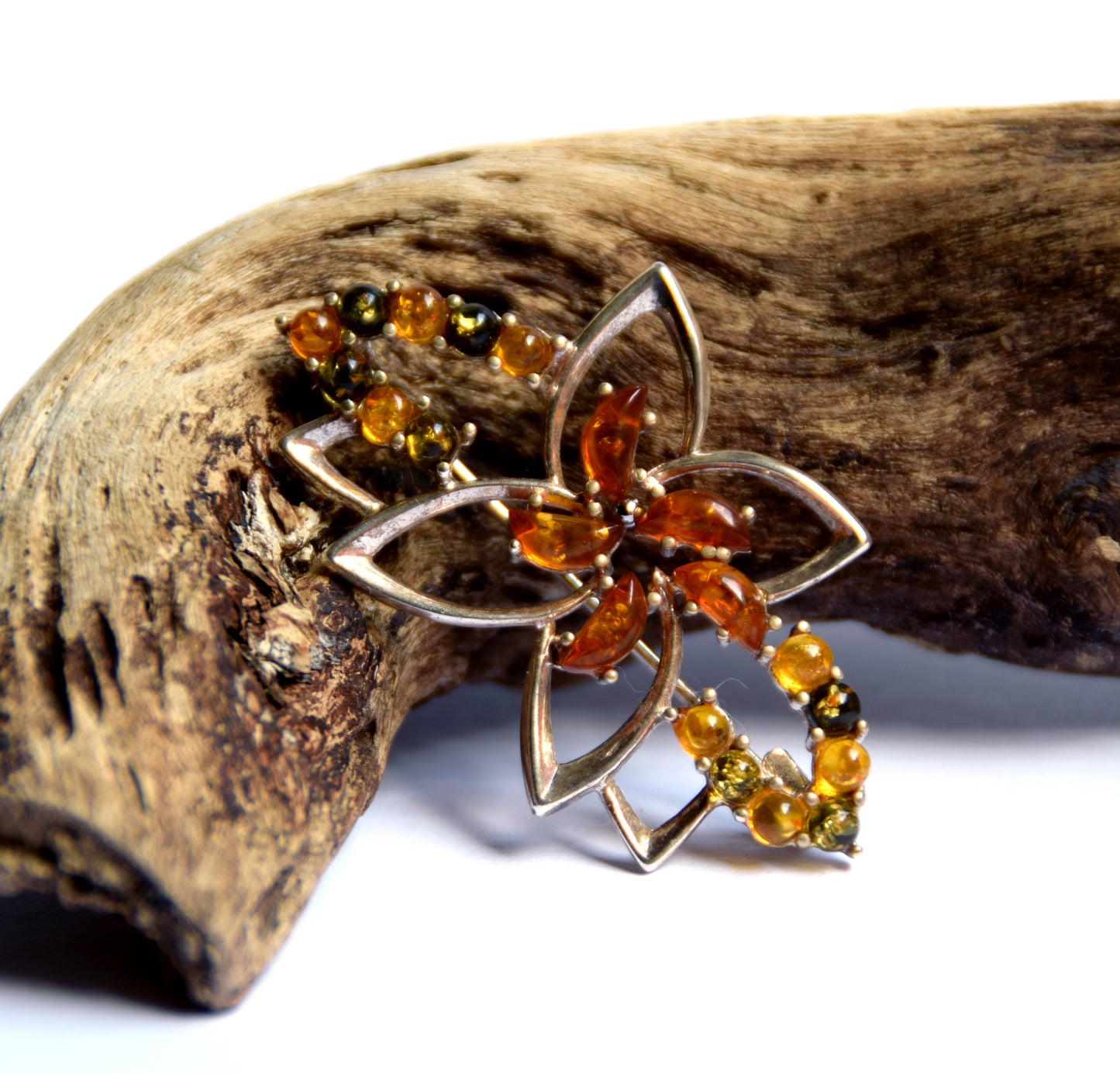 MJ Baltica, brooch, natural Baltic Amber, 925 Silver, multi color, rich, elegant, handcrafted, BBR005