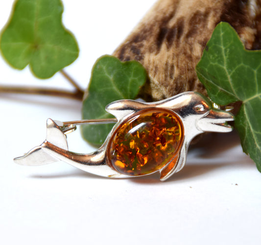 MJ Baltica, brooch, natural Baltic amber, 925 silver, dolphin, beautiful, handcrafted BBR014