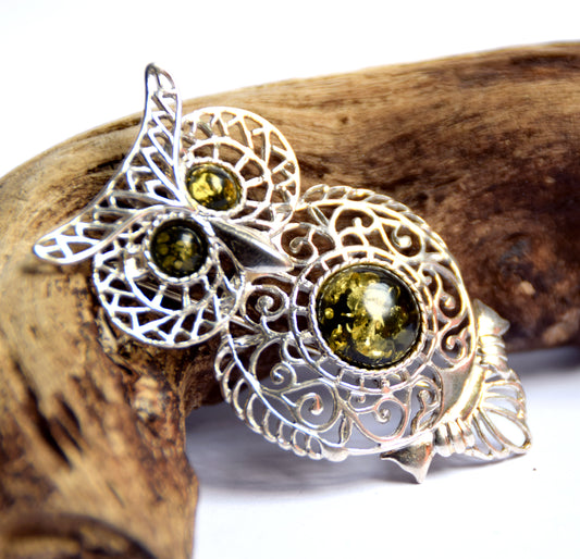 MJ Baltica, brooch, natural Baltic Amber, 925 Silver, owl, filigree, beautiful, Green Amber, BBR020