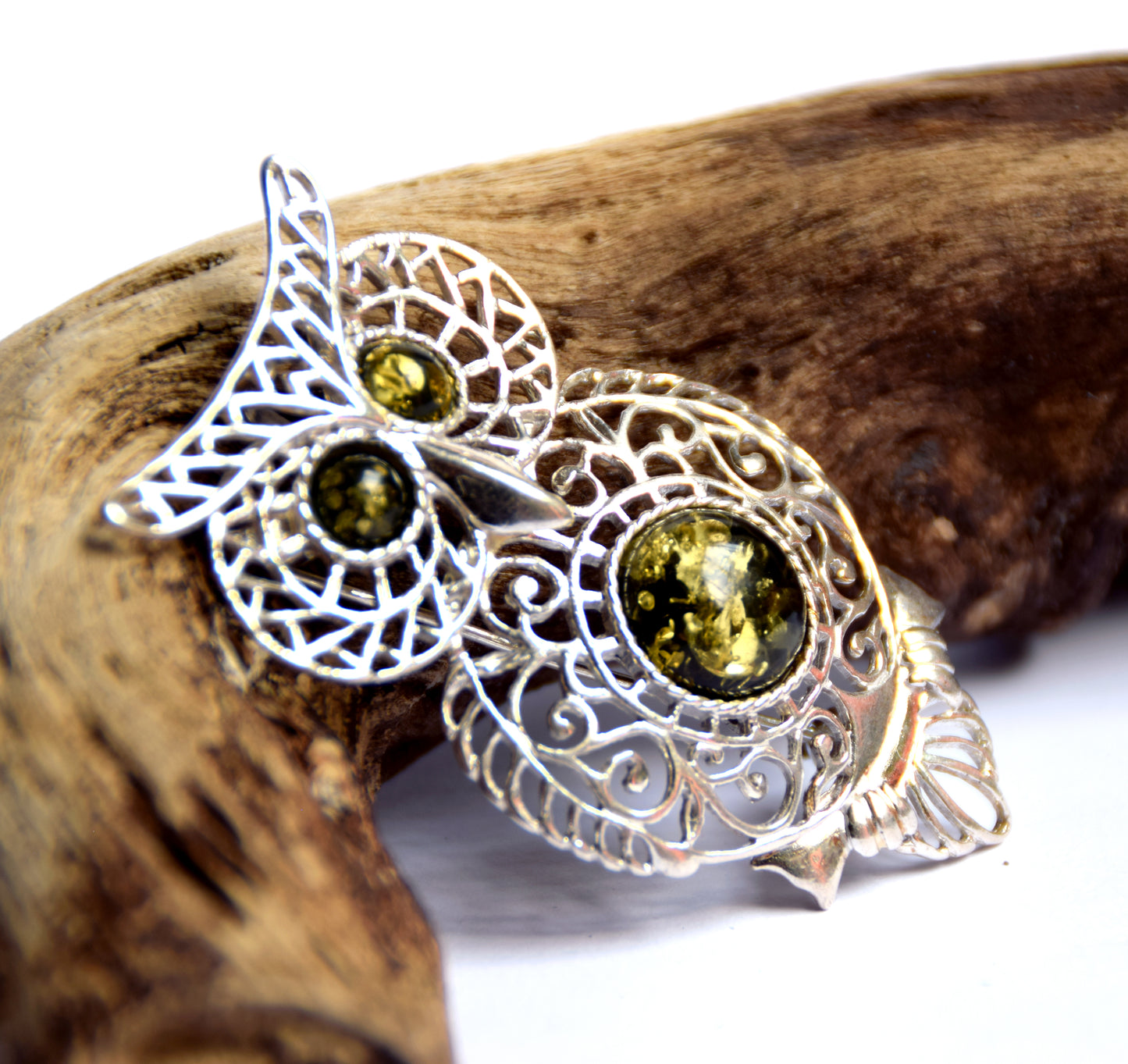 MJ Baltica, brooch, natural Baltic Amber, 925 Silver, owl, filigree, beautiful, Green Amber, BBR020